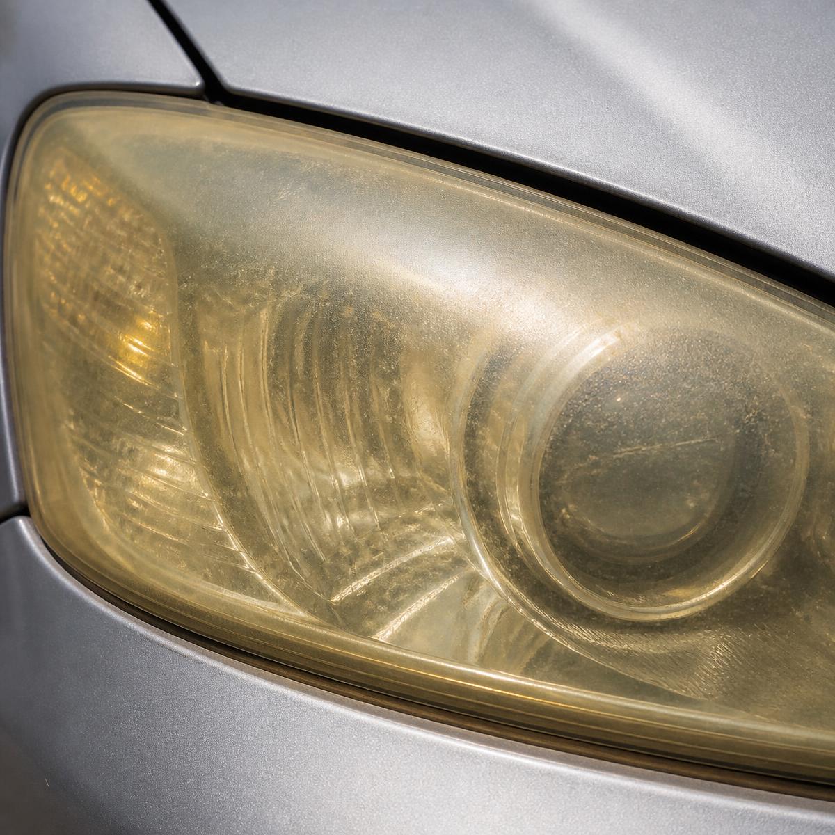 Oxidized yellowed headlight before restoration